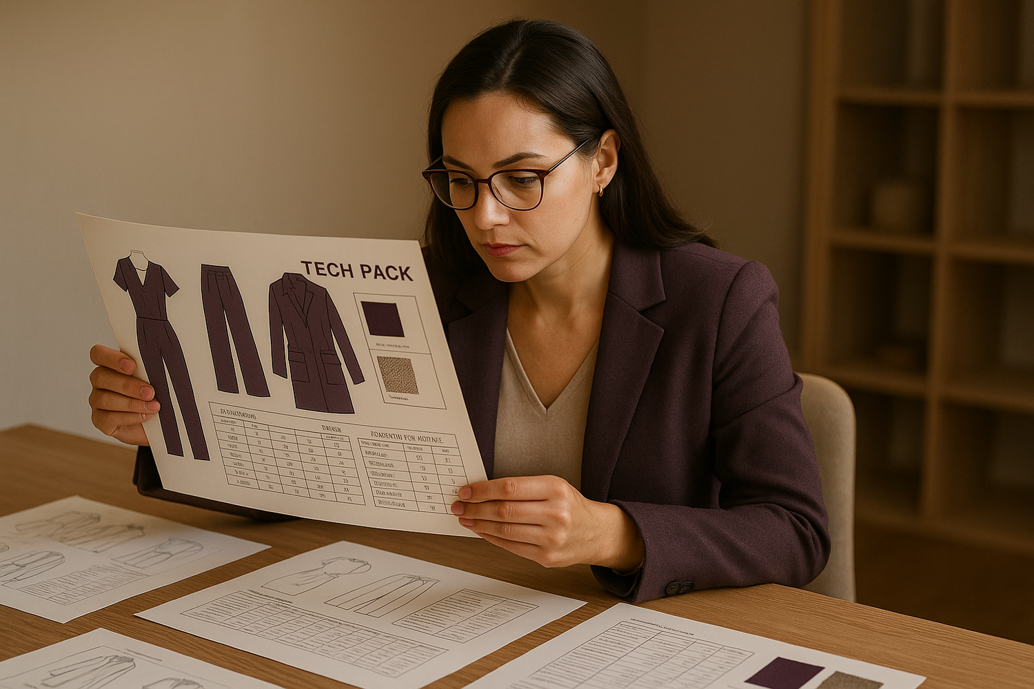 a lady looking at a tech pack fashion design. designed in a paper. realistic. dark purple and beige theme