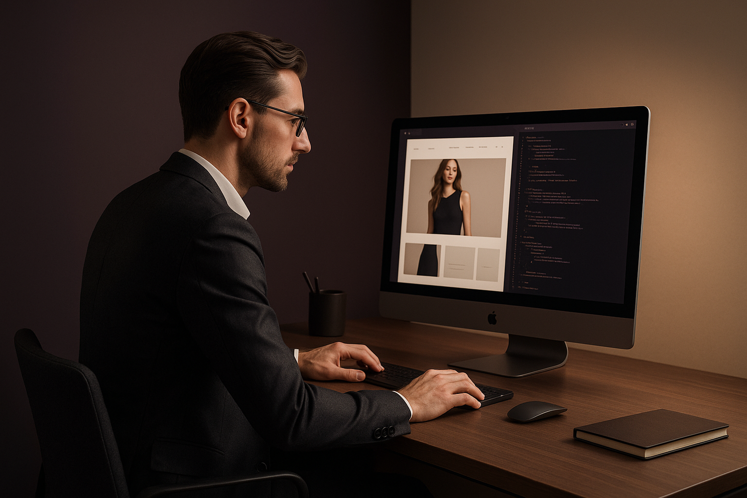 genrate an image for section named ecommerce store website development. realistic image, a man developing website. with our colour theme dark purple and beige. dont be too noice. modern and minimal. dont use words or digits. very professional. this is women luxury apparel company. ovo.
