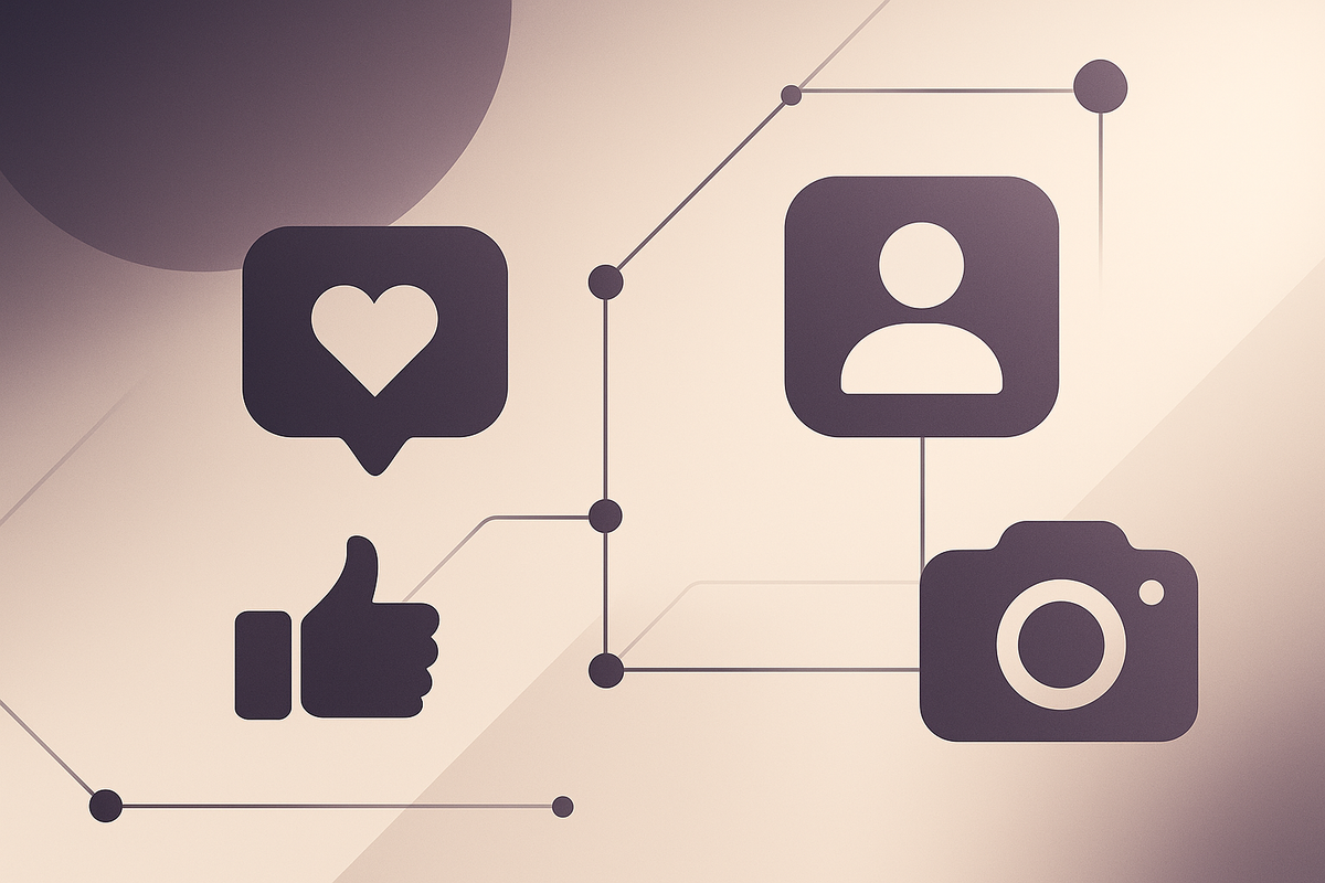 genrate an image for section named marketing & social media. realistic image. with our colour theme dark purple and beige. dont be too noice. modern and minimal. dont use words or digits. very professional. .