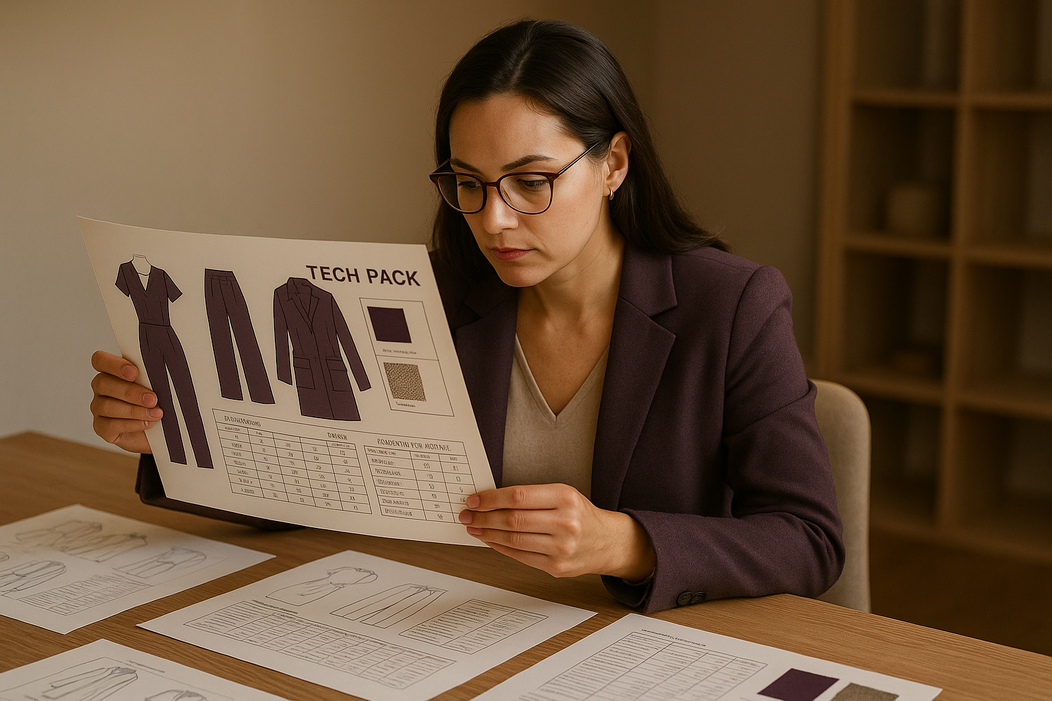 a lady looking at a tech pack fashion design. designed in a paper. realistic. dark purple and beige theme