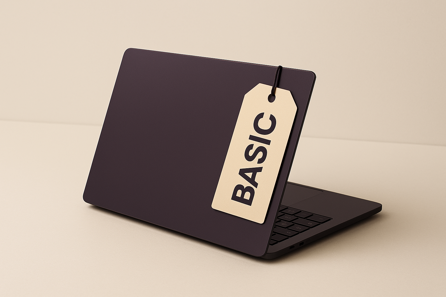 a laptop image on top a tag, saying BASIC. its for service product image. very simple, color theme dark purple and beige