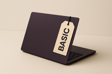 a laptop image on top a tag, saying BASIC. its for service product image. very simple, color theme dark purple and beige