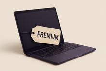 a laptop image on top a tag, saying PREMIUM. its for service product image. very simple, color theme dark purple and beige