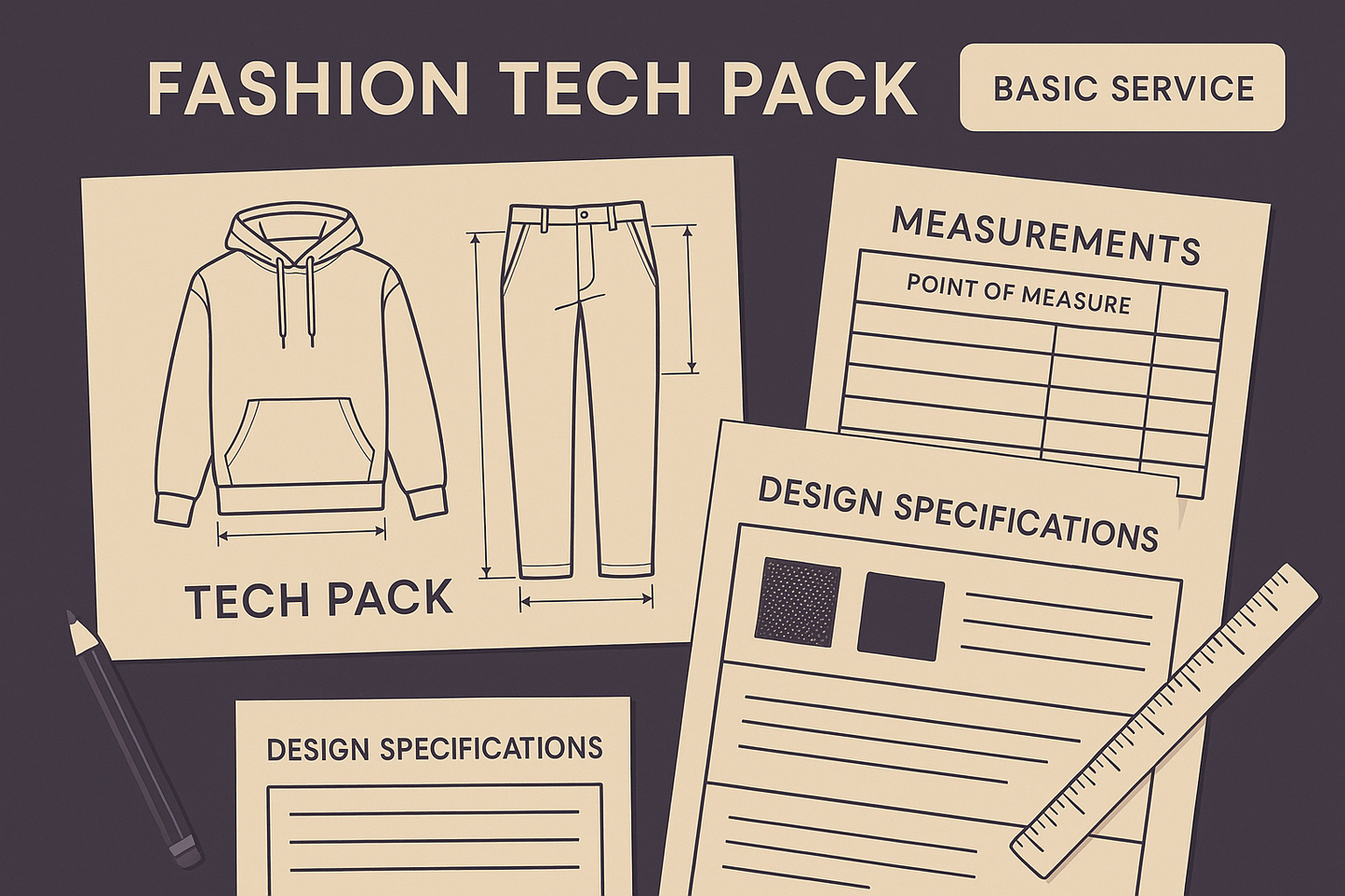 Fashion tech pack. its for service product image. This is basic service. so add a  tag to understand. very simple, color theme dark purple and beige