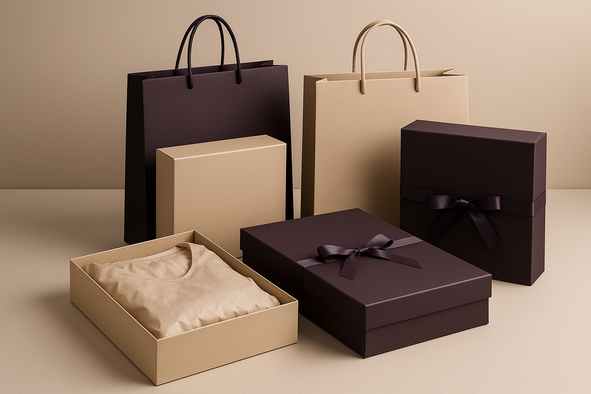 From Recognition to Market Dominance, genrate an image for section named luxry packaing and solution. realistic image. with our colour theme dark purple and beige. dont be too noice. modern and minimal. dont use words or digits. very professional. this is women luxury apparel company. ovo.