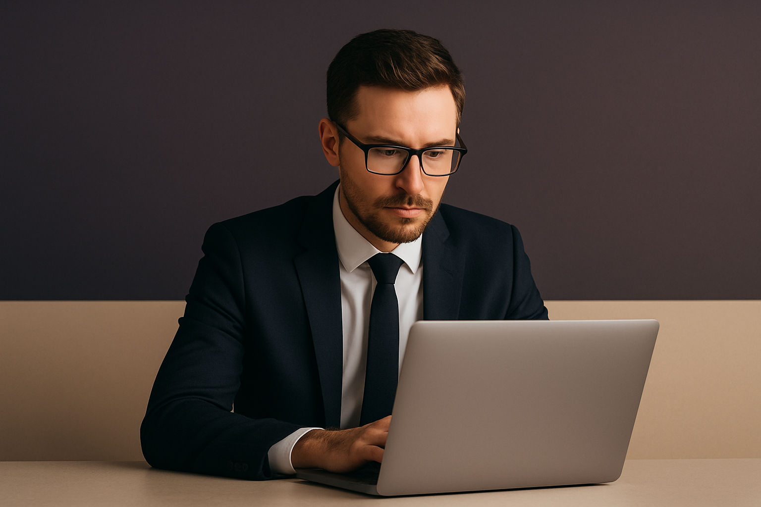 generate an image a guy looking on laptop. for digital presence section. website color theme is dark purple and beige. realistic, minimal standard image