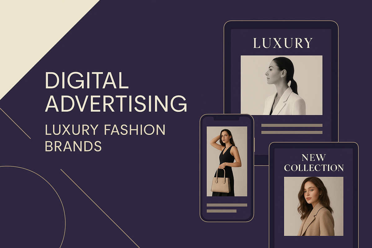 generate an image for dection speaking about digital advertising of luxury fashion brands. color theme dark purple and beige. simple and modern