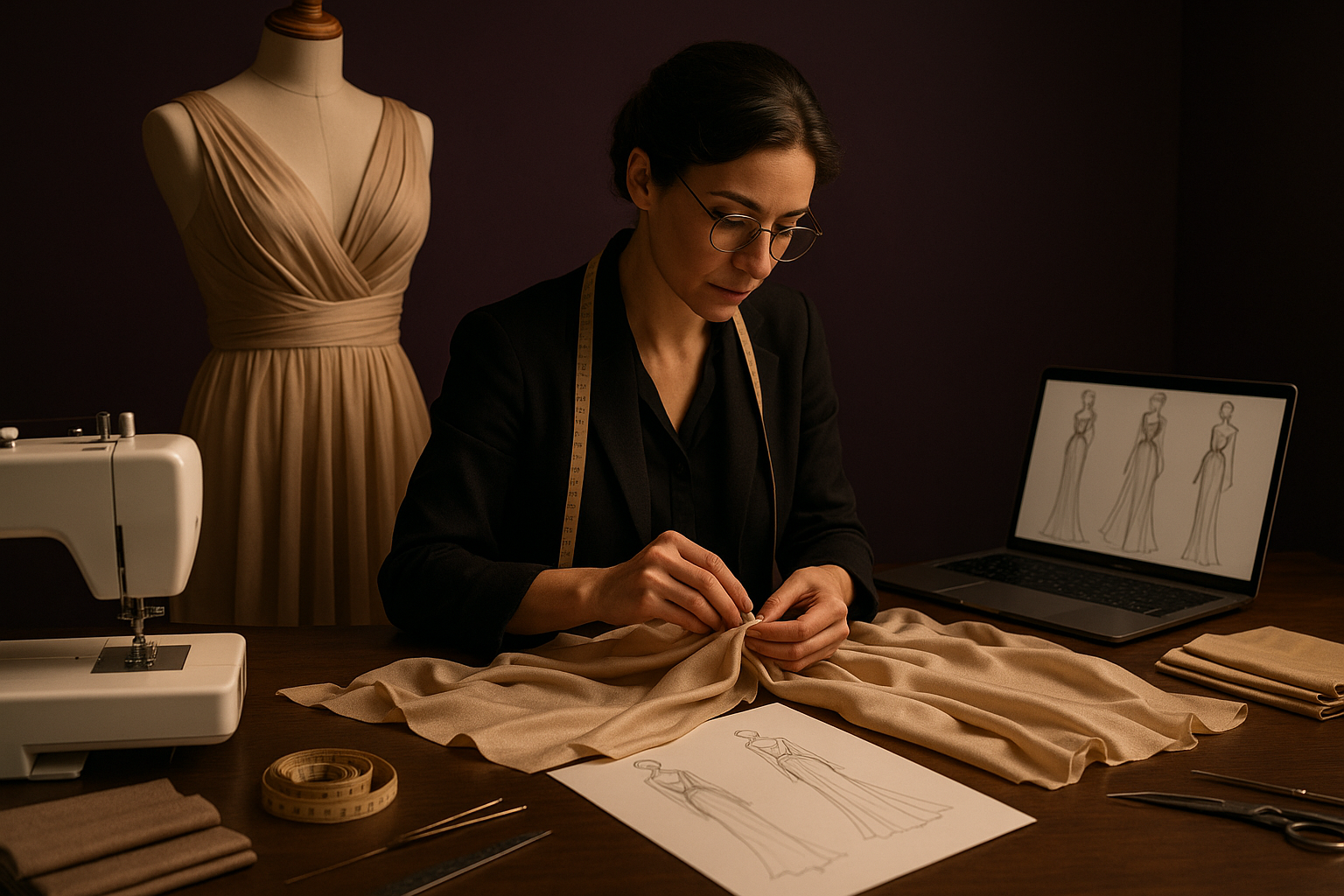 GENERATE AN IMAGE  for section for service of custom developing users design. its  women luxury apparel. color theme of website dark purple & beige. generate an image like worker stitching a dress looking a design on laptop or paper