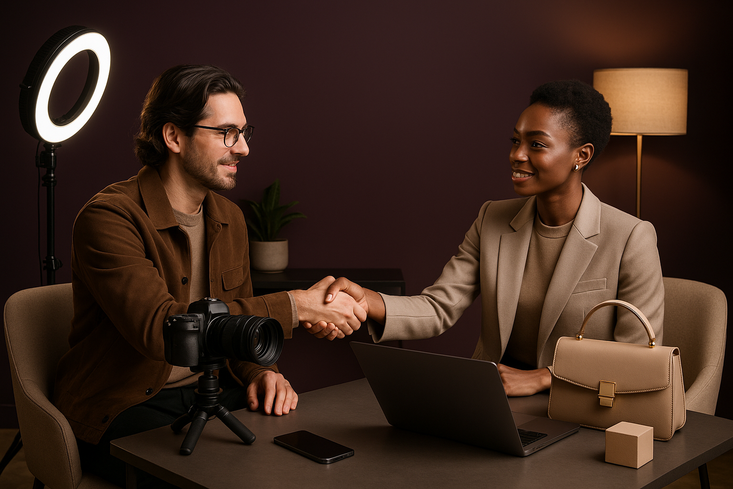 generate image for section influencer partnership under the category digital presence, with colour theme dark purple and beige. dont use any word or digits, just realistic image. 