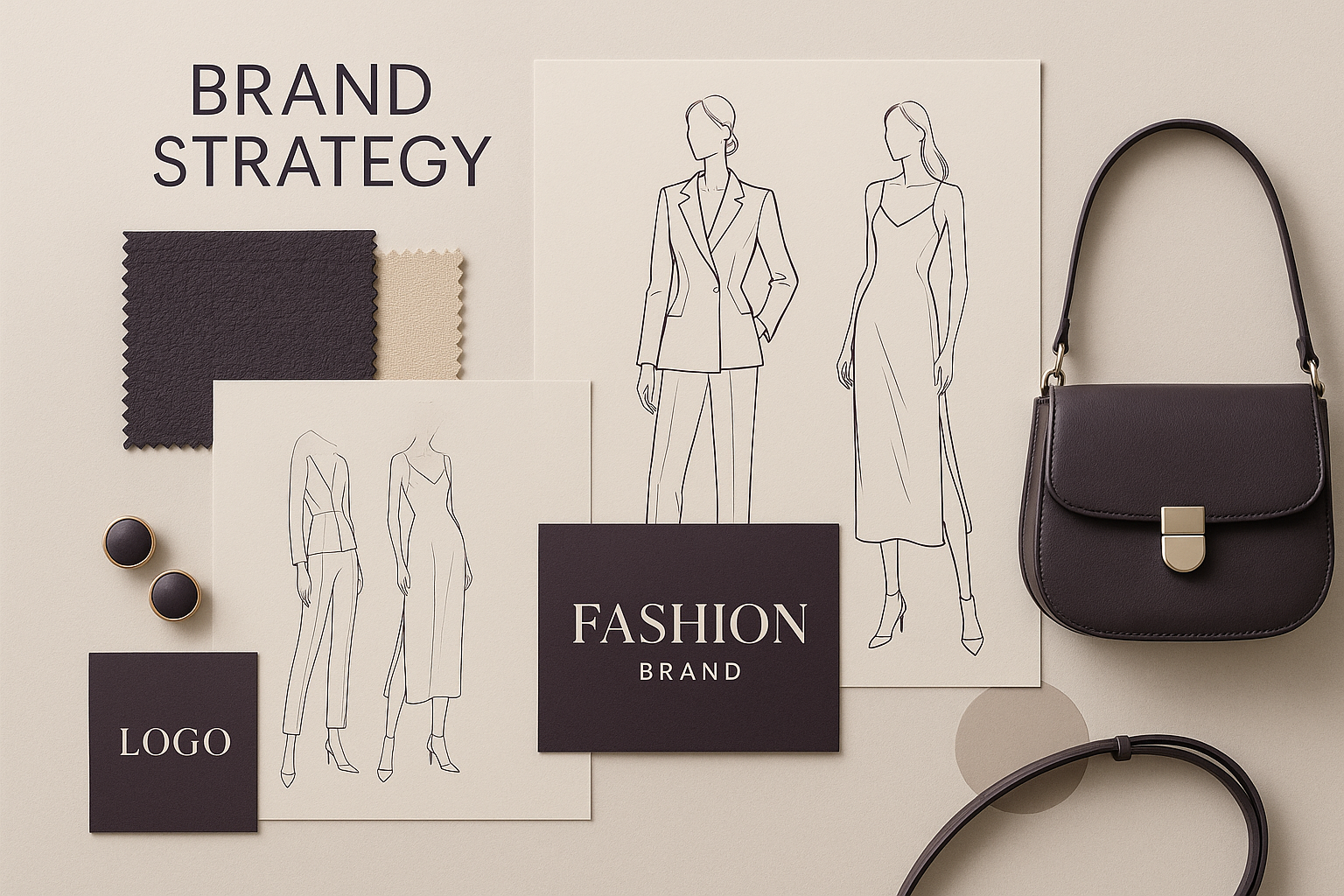 genrate an image for fashion brand strategy & launching. realistic. with our colour theme dark purple and beige. dont be too noice. modern and minimal