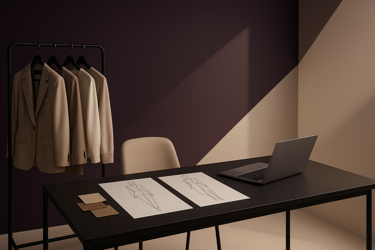 genrate an image for fashion business consulting section. realistic. with our colour theme dark purple and beige. dont be too noice. modern and minimal