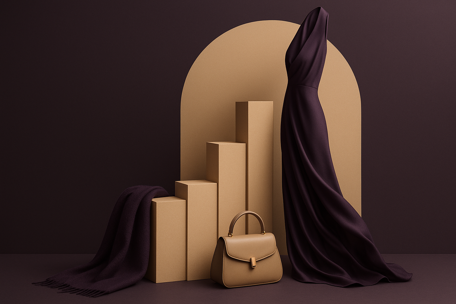 genrate an image for section- brand booster & scaling. realistic. with our colour theme dark purple and beige. dont be too noice. modern and minimal. dont use words or digits. very professional. this is women luxury apparel company. ovo.
