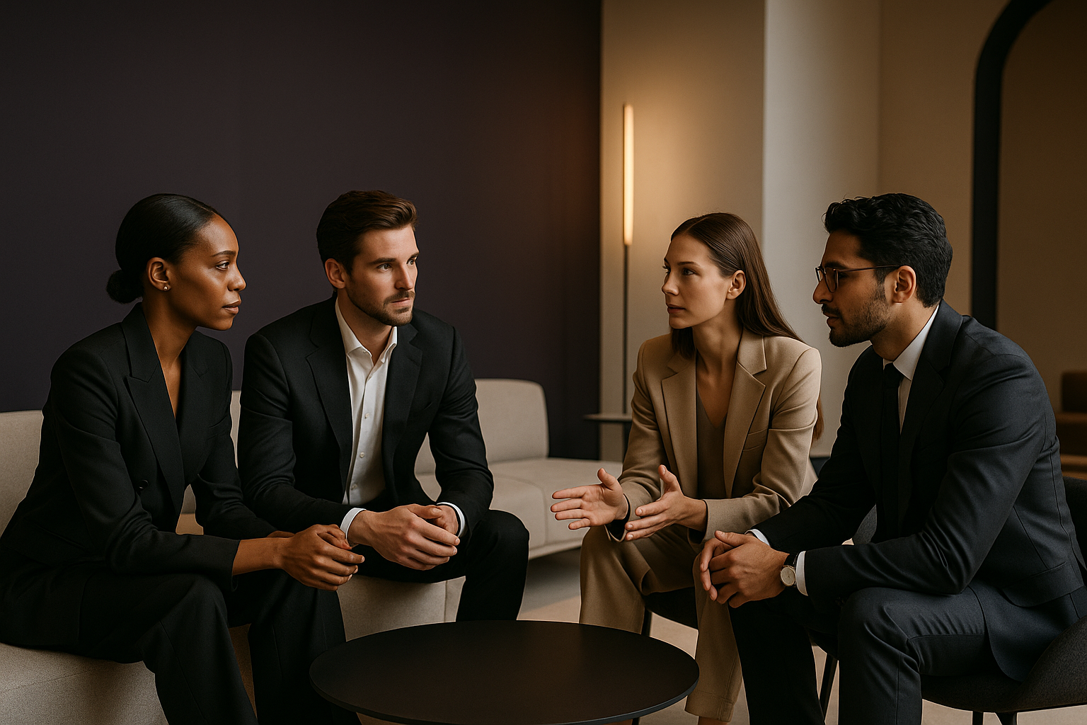 genrate an image for section named brand growth. men and women discussing about ovo brand realistic image. with our colour theme dark purple and beige. dont be too noice. modern and minimal. dont use words or digits. very professional. this is women luxury apparel company. ovo.