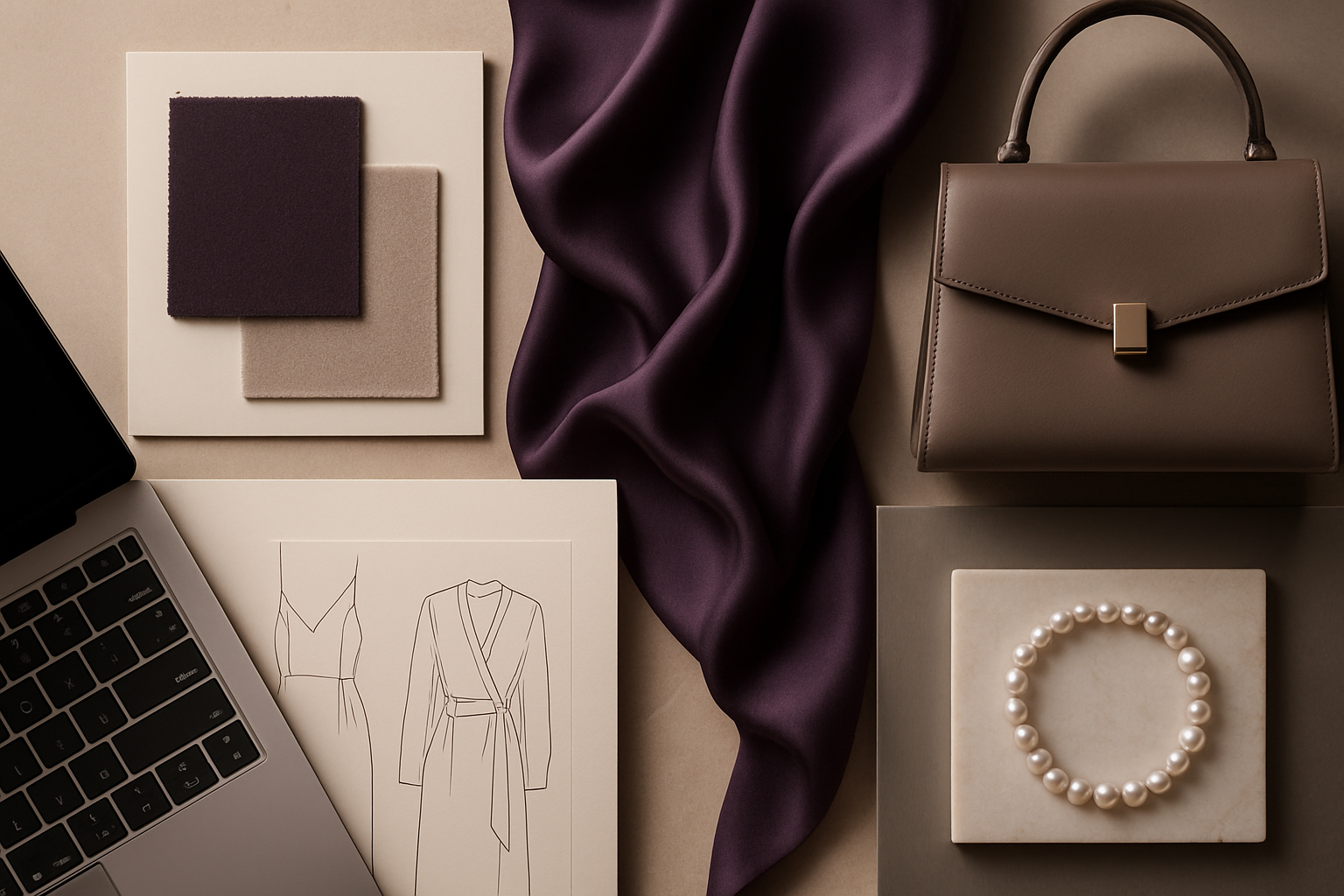 genrate an image for section named branding of company.so generate something related to brand designing and all realistic image. with our colour theme dark purple and beige. dont be too noice. modern and minimal. dont use words or digits. very professional. this is women luxury apparel company. ovo.