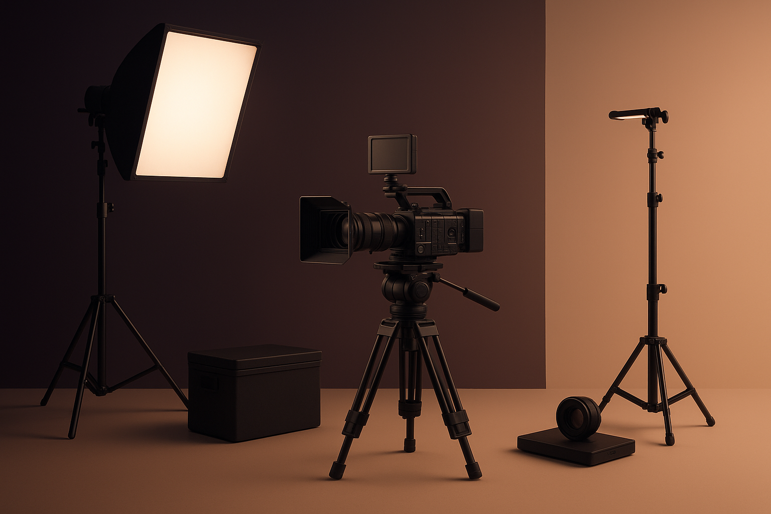 genrate an image for section named cinematic videography.content video, and all. realistic image. with our colour theme dark purple and beige. dont be too noice. modern and minimal. dont use words or digits. very professional. this is women luxury apparel company. ovo.
