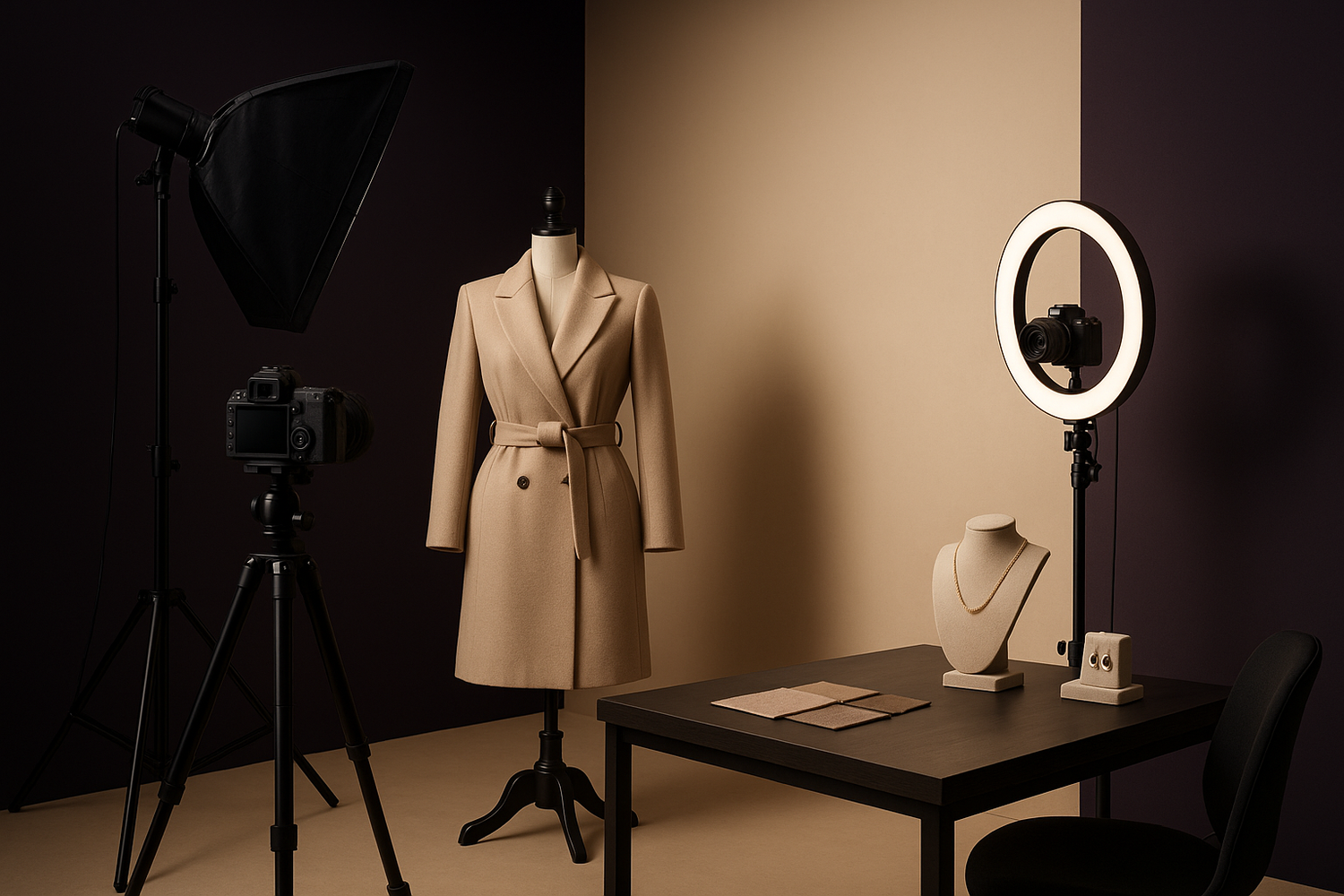 genrate an image for section named content creation. fashion shoot, video creating and all. realistic image. with our colour theme dark purple and beige. dont be too noice. modern and minimal. dont use words or digits. very professional. this is women luxury apparel company. ovo.