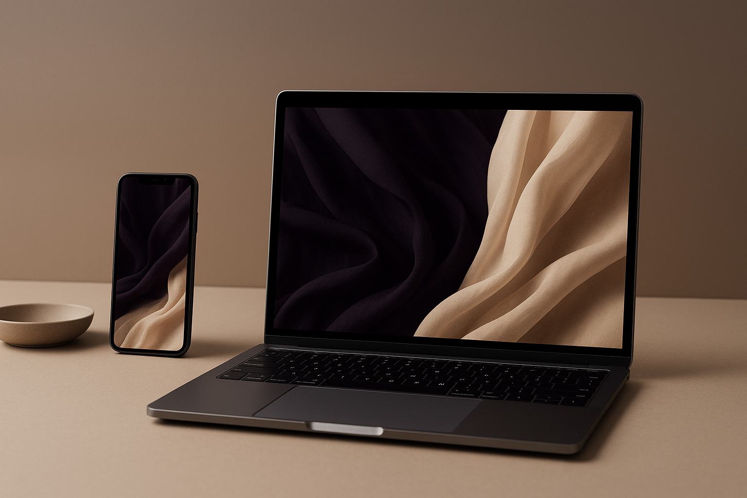 genrate an image for section named digital advertising, like marketing through digial. laptop or smartphone marketing image. realistic image. with our colour theme dark purple and beige. dont be too noice. modern and minimal. dont use words or digits. very professional. this is women luxury apparel company. ovo.