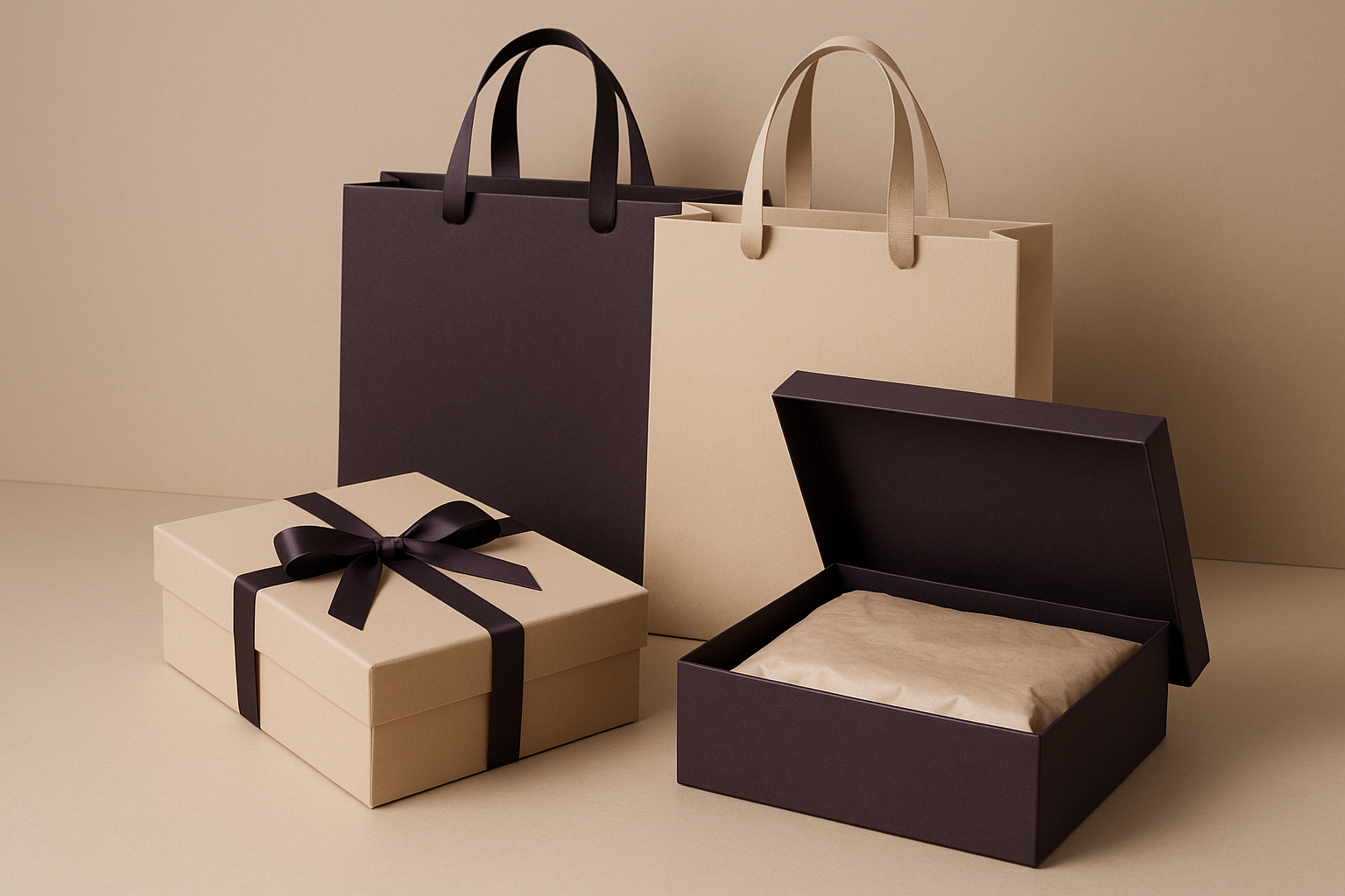 genrate an image for section named luxry packaing and solution. realistic image. with our colour theme dark purple and beige. dont be too noice. modern and minimal. dont use words or digits. very professional. this is women luxury apparel company. ovo.