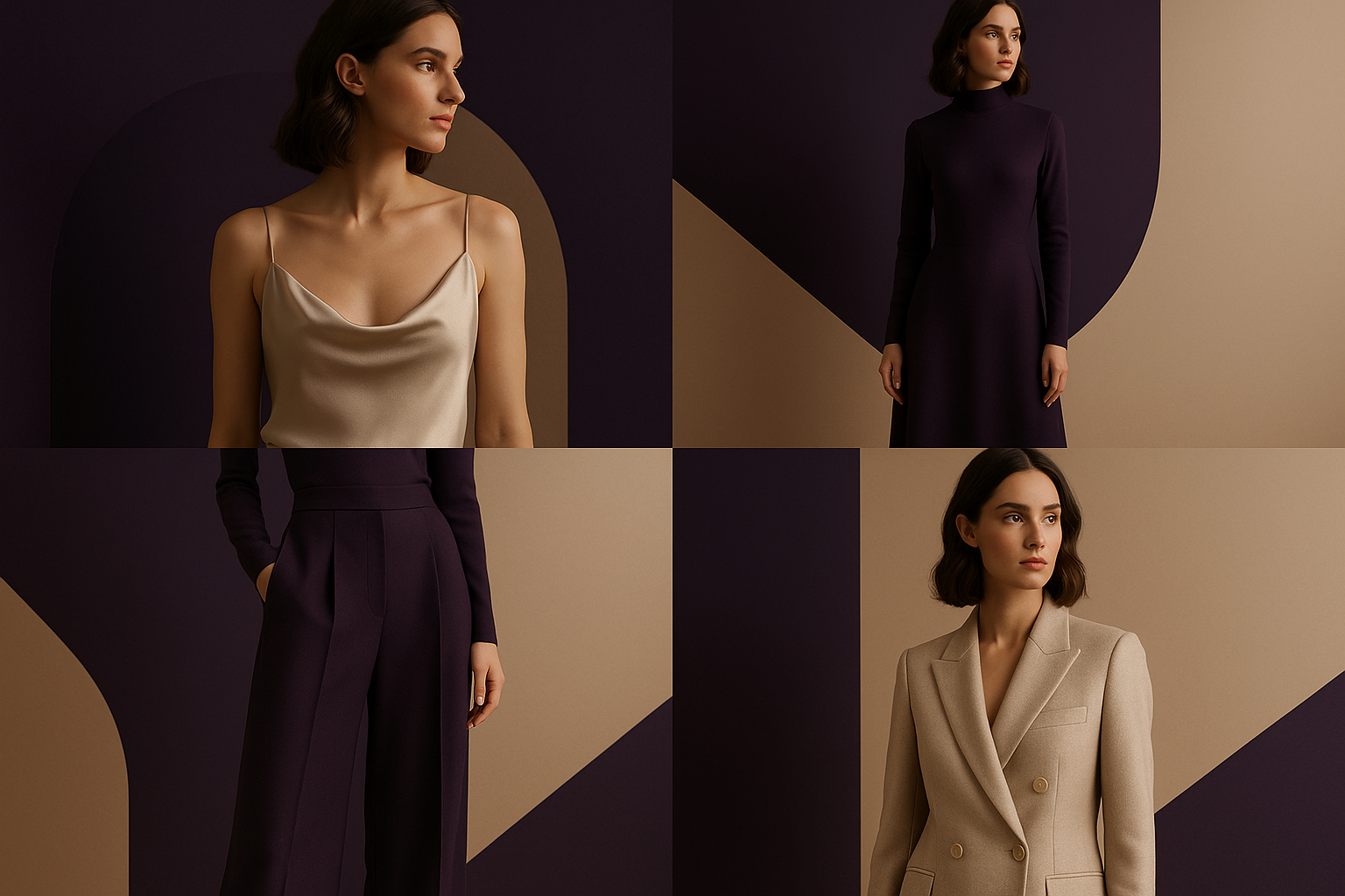 genrate an image for section named social media content. contents for instagram and facebook, x and all. realistic image. with our colour theme dark purple and beige. dont be too noice. modern and minimal. dont use words or digits. very professional. this is women luxury apparel company. ovo.