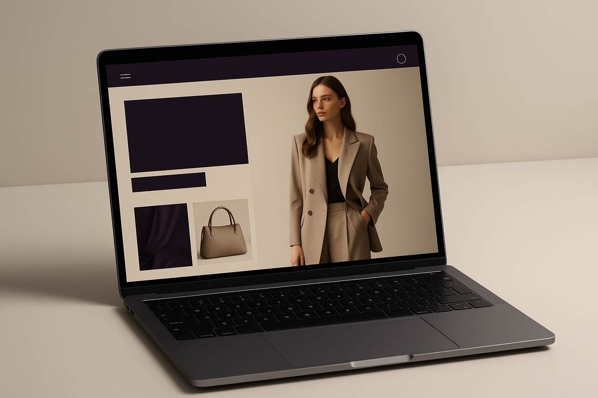 genrate an image for section named website design. realistic image. like laptop with ovo webite with our colour theme dark purple and beige. dont be too noice. modern and minimal. dont use words or digits. very professional. this is women luxury apparel company. ovo.