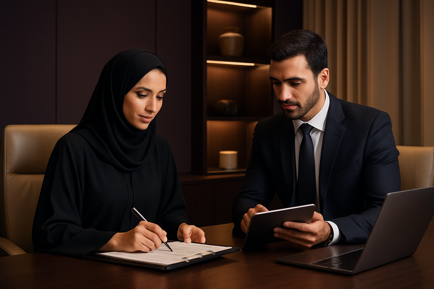 image for about us section. our company provides 360 solutions to brands. digital presence, branding, marketing, everything. our colour theme is dark purple and beige. we are luxury company. dont add any words or digits inside. realistic image including a man and woman in abaya working or discussing together