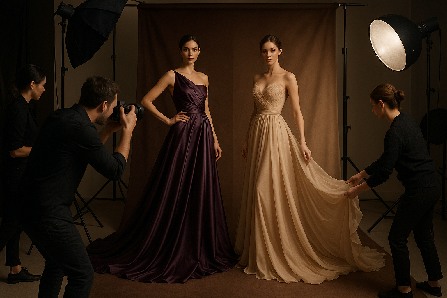 image for section saying about fashion photoshoot and how it works. our company is luxury fashion women dress. color theme dark purple and beige