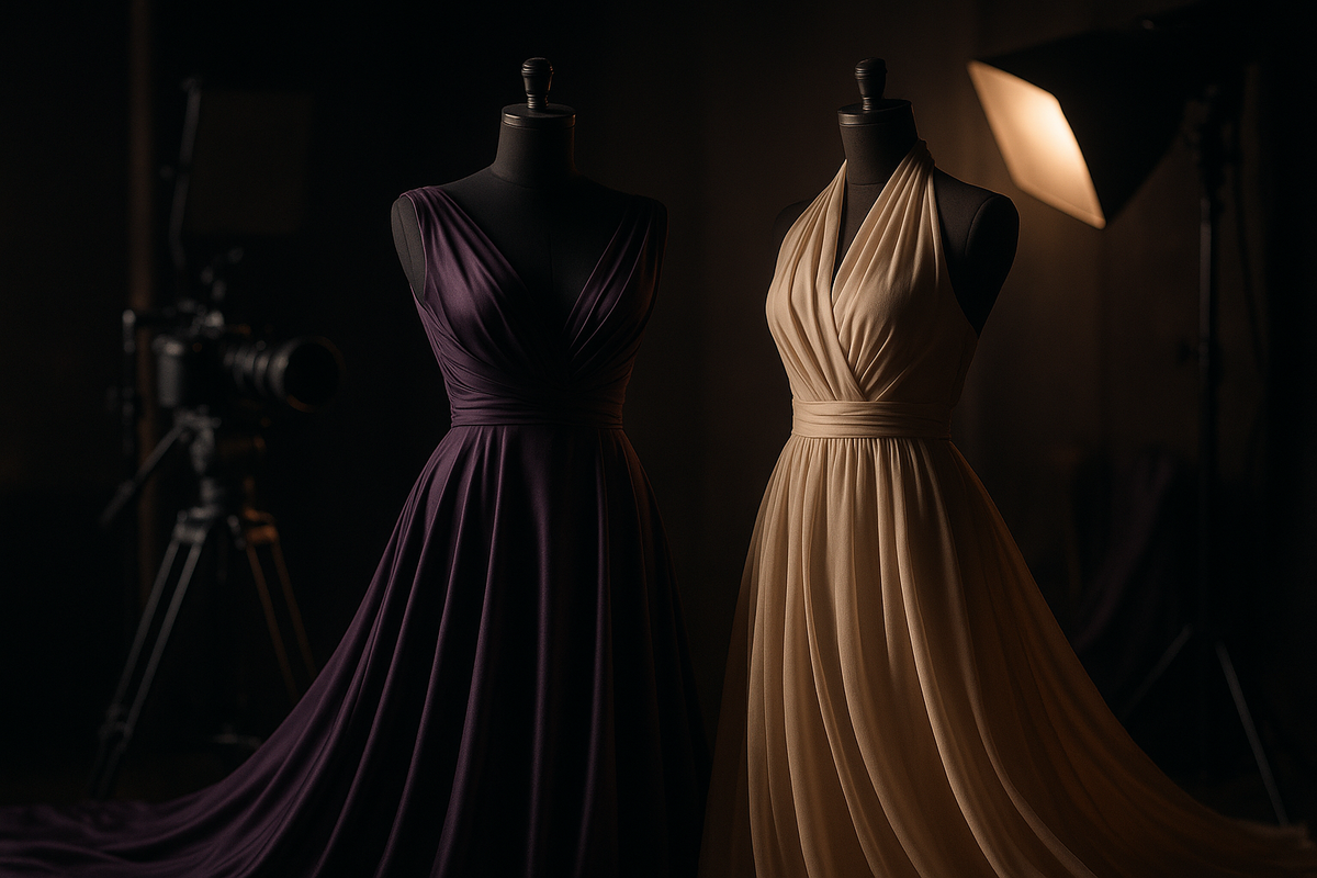 image for section speaking about fashion brand cinematic videography. our compny sells premium women dress. color theme dark purple and beige