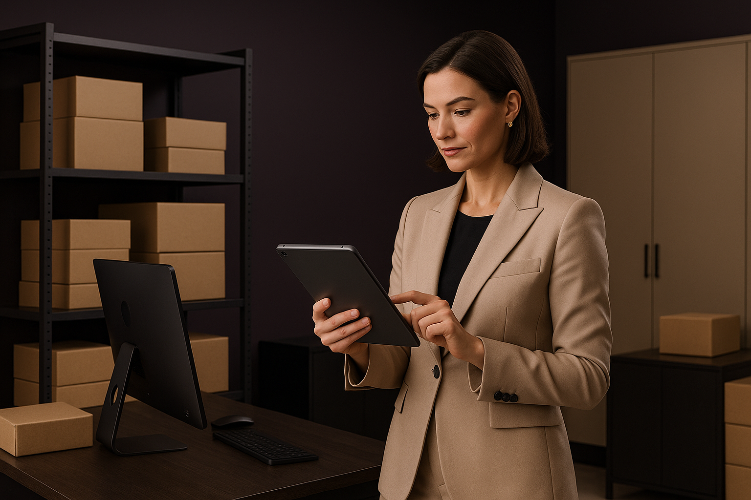 image for section speaking about inventory and order system. image for about us section. our company provides 360 solutions to brands. digital presence, branding, marketing, everything. our colour theme is dark purple and beige. we are luxury company. dont add any words or digits inside. image realistic image including a man or woman