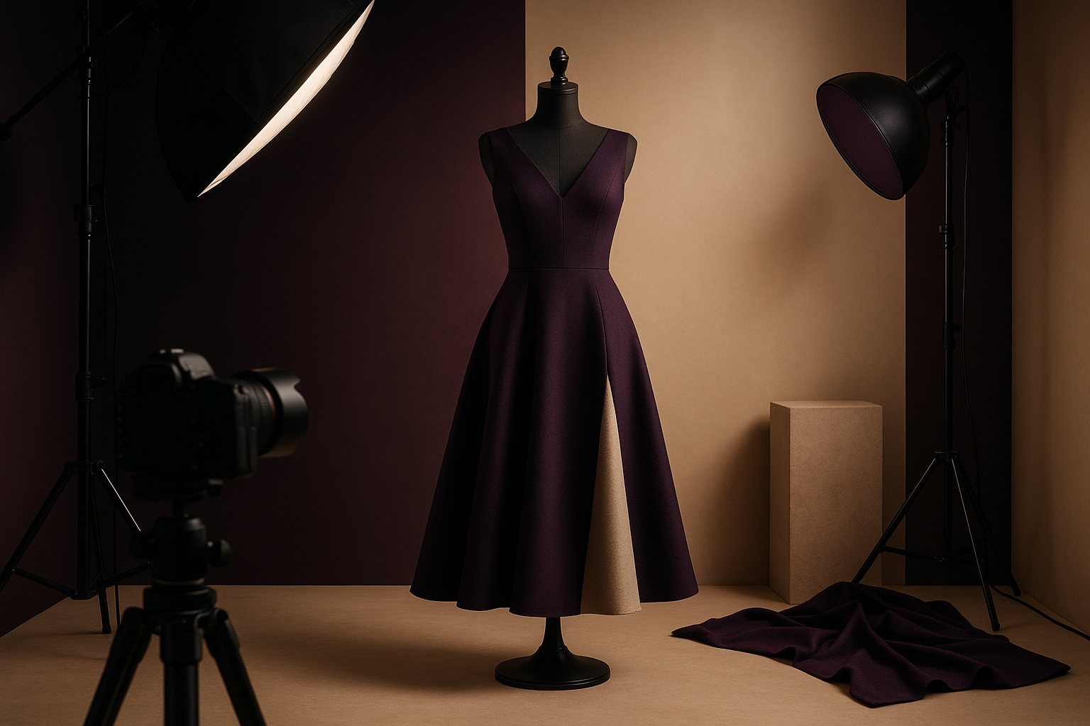 image for section speaking about service fashion photoshoot. our company sells luxury women dress. color theme dark purple and beige