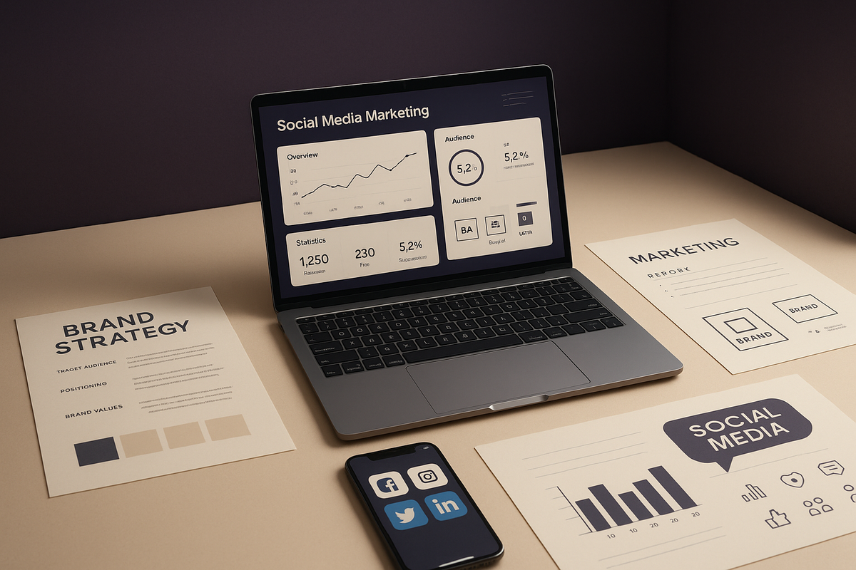 image for section speaking about service marketing and social media amanagement for brands. our color theme dark purple and beige. dont add any typo. realistic image