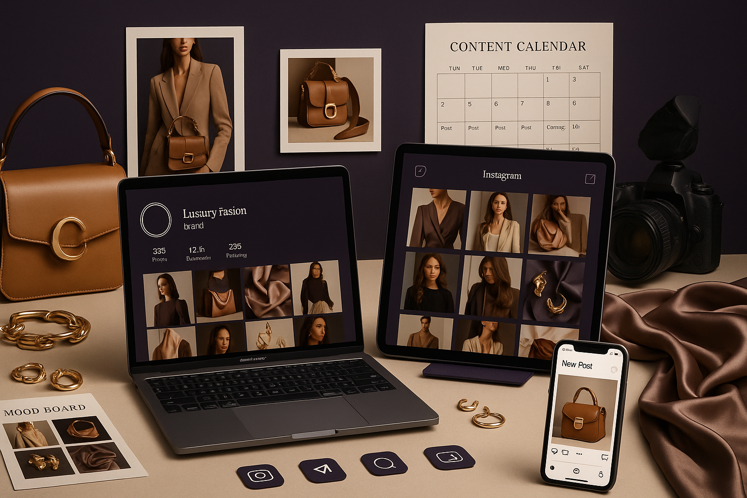 image for section speaking about social media post management and content creation for fluxury fashion brands. color theme dark purple and beige