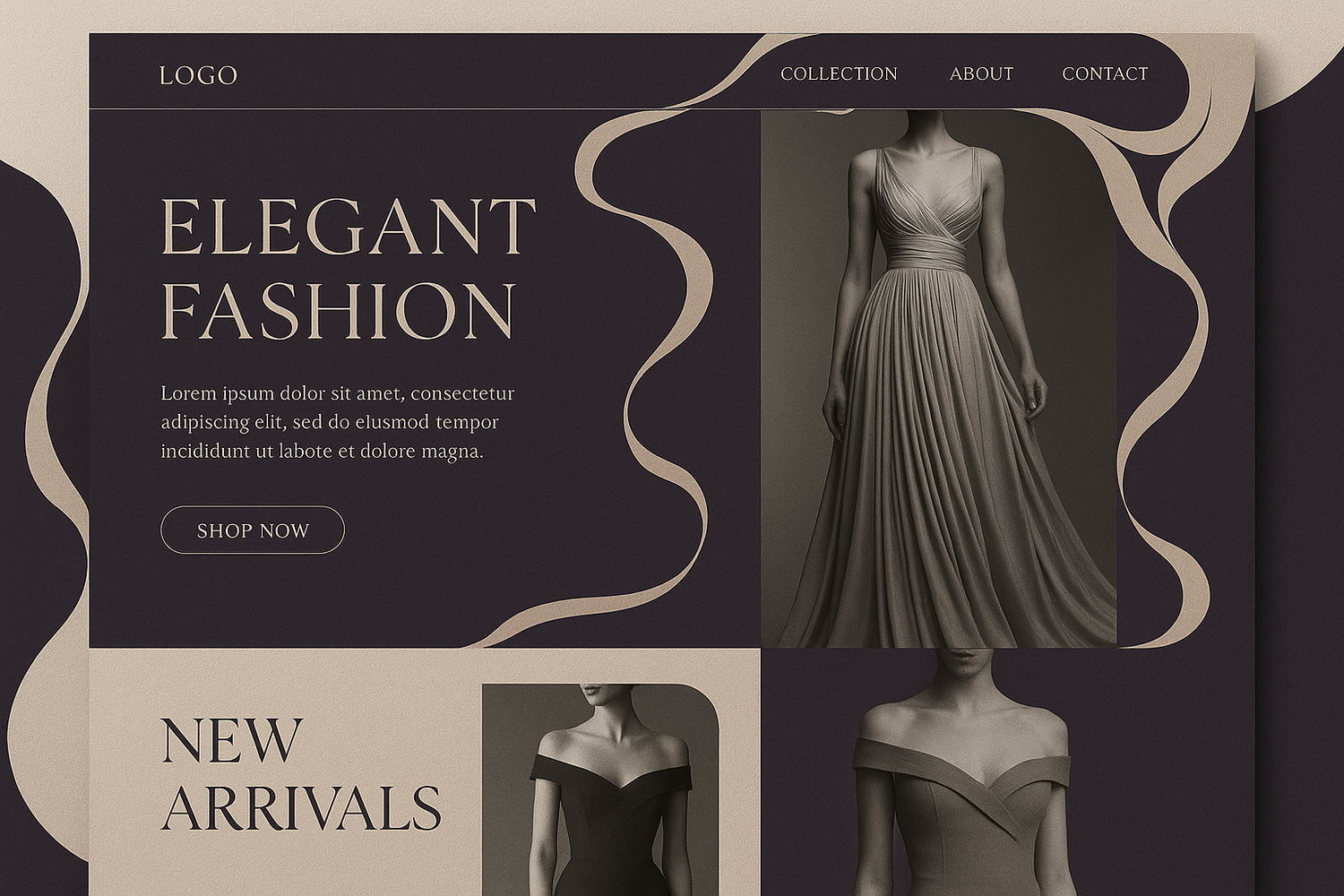 image for section speaking about website design. our company is luxury women dress. color theme dark purple and beige. 
