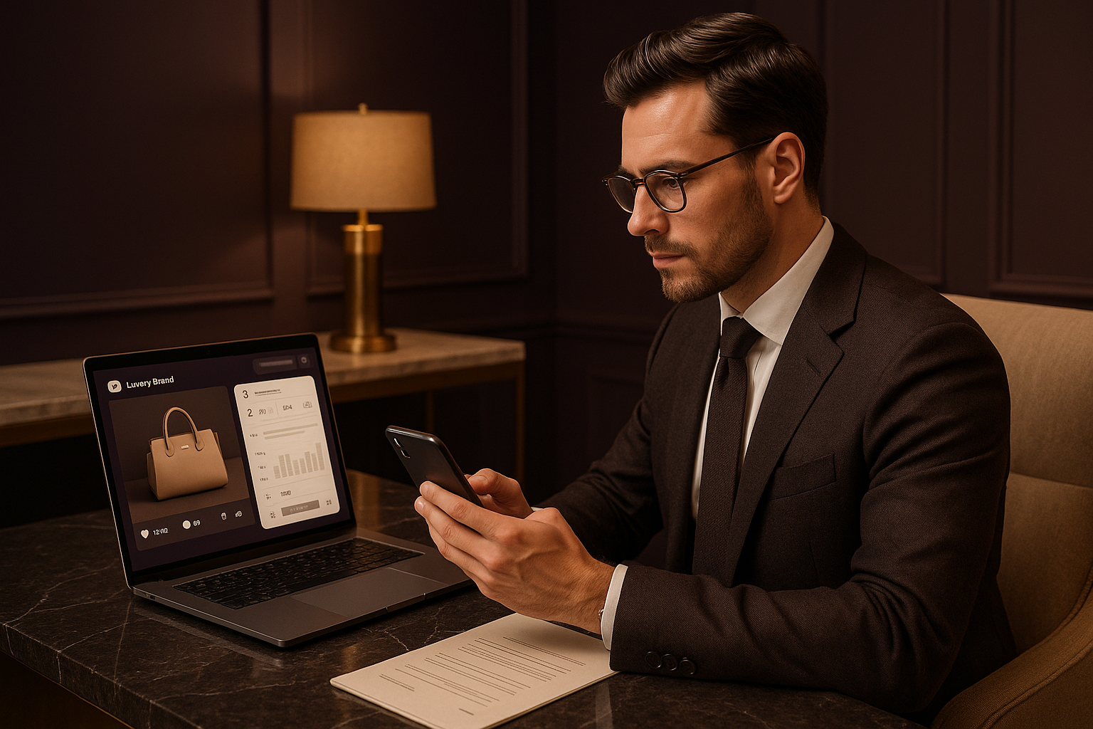 image for section talking about social media handling. post and all. man handling social meadia through laptop and mobile. its luxury brand. color theme dark purple and beige