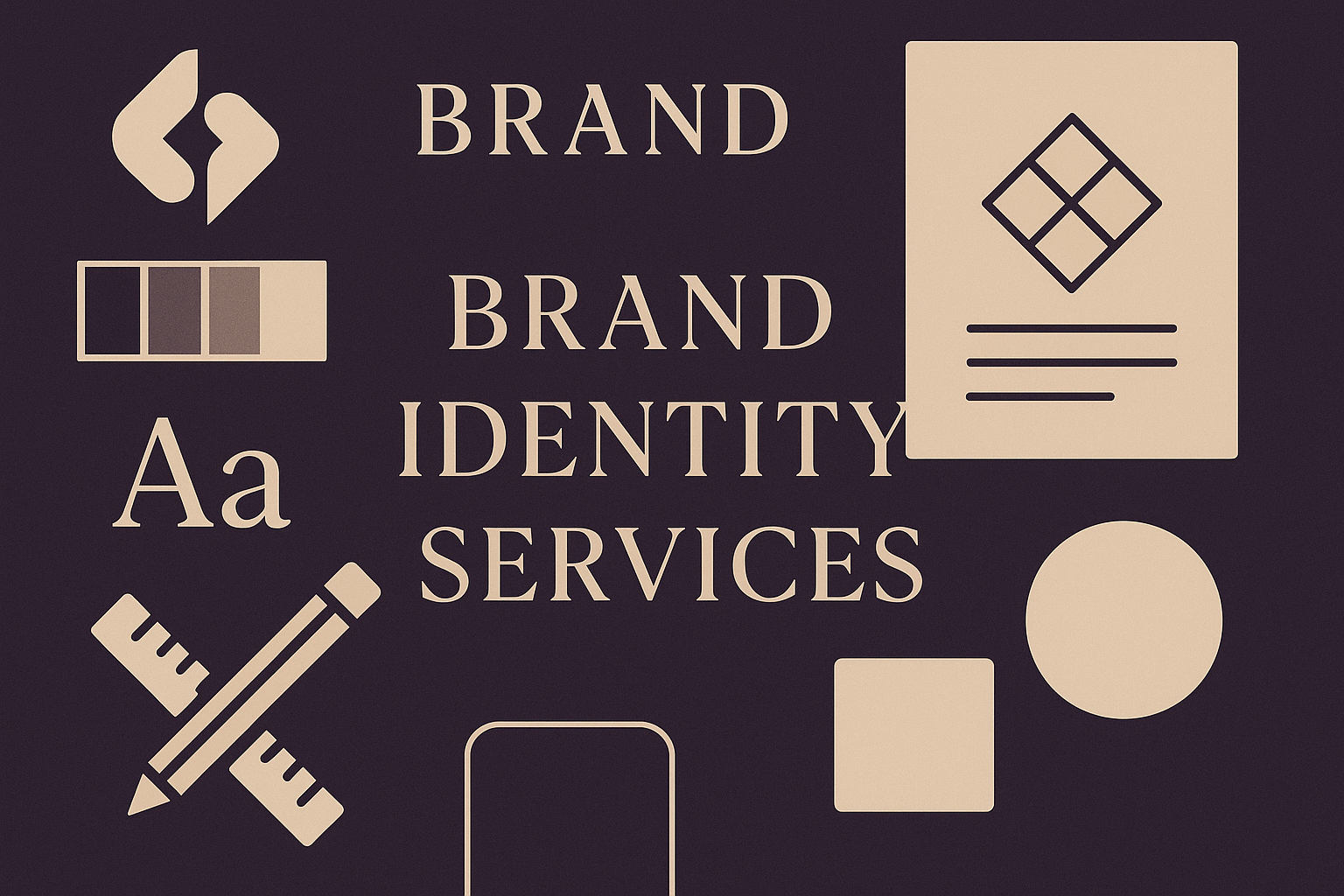 MAking brand indentity. its for service product image. This is brand identity making service. so add a  tag to understand. very simple, color theme dark purple and beige. 