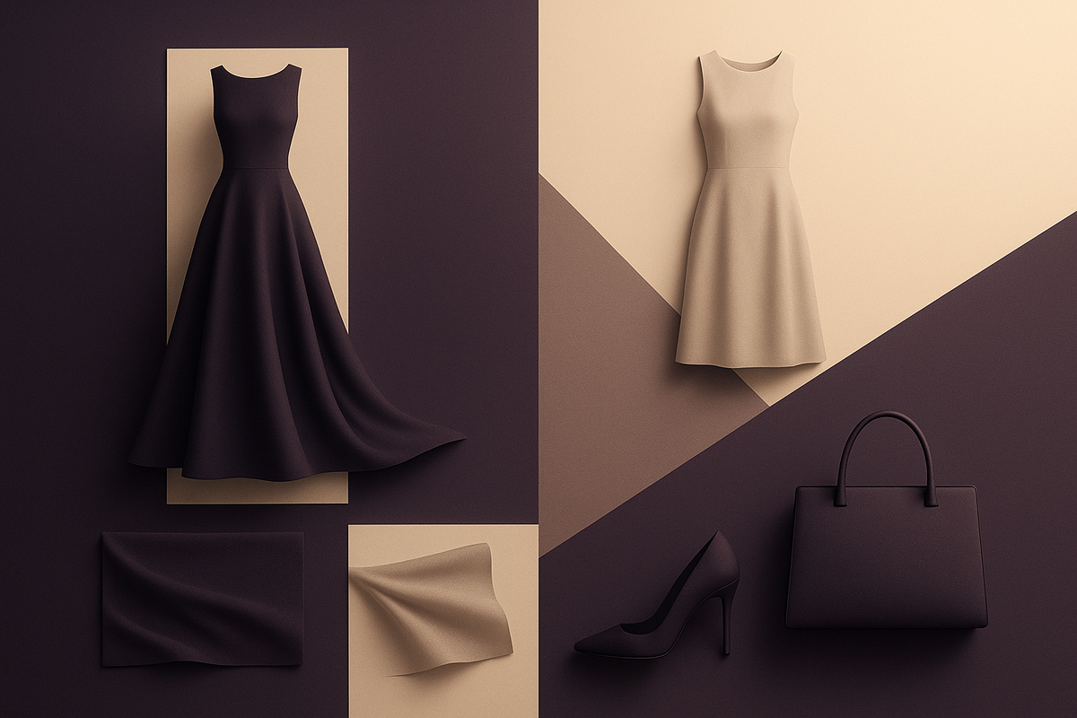 Market Positioning & Pricing for Luxury Fashion Brands. genrate an image for section. with our colour theme dark purple and beige. dont be too noice. modern and minimal. dont use words or digits. very professional. this is women luxury apparel company. ovo.