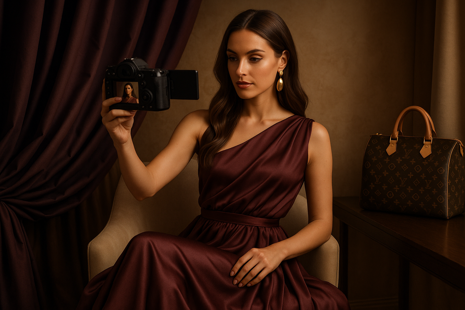 realistic image for section speaking about influencer collaboration for brand advertising. color theme dark purple and beige. our company is luxury women dress